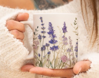 Gepresste Blumen Tasse, Boho Wildblumen Cottagecore Kaffeetasse, Blumen Garten Liebhaber, Geschenk für sie, Botanisch, Lavendel Floral Natur Frühling