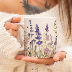 Pressed Flowers Mug, Boho Wildflowers Cottagecore Coffee Mug, Flower Garden Lover, Gift For Her, Botanical, Lavender Floral Nature Spring