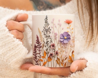 Tasse à fleurs pressées, tasse à café bohème fleurs sauvages Cottagecore, amateur de jardins fleuris, cadeau pour elle, botanique, nature florale printanière