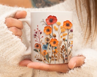 Pressed Flowers Mug, Boho Wildflowers Cottagecore Coffee Mug, Flower Garden Lover, Gift For Her, Botanical, Spring Floral Nature