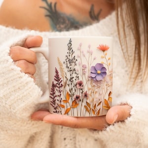 Pressed Flowers Mug, Boho Wildflowers Cottagecore Coffee Mug, Flower Garden Lover, Gift For Her, Botanical, Spring Floral Nature