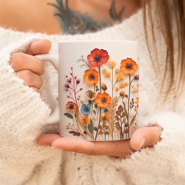 Pressed Flowers Mug, Boho Wildflowers Cottagecore Coffee Mug, Flower Garden Lover, Gift For Her, Botanical, Spring Floral Nature