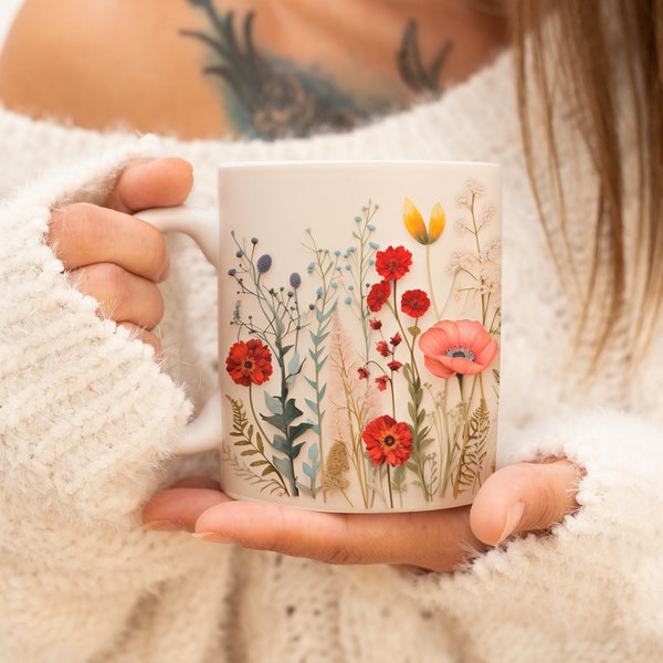 Pressed Flowers Mug, Boho Wildflowers Cottagecore Coffee Mug, Flower Garden Lover, Gift For Her, Botanical, Spring Floral Nature