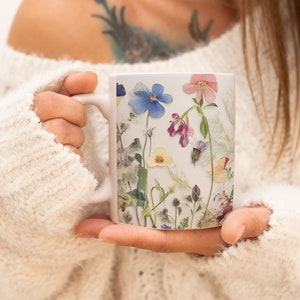 Pressed Flowers Mug, Boho Wildflowers Cottagecore Coffee Mug, Flower Garden Lover, Gift For Her, Botanical, Lavender Floral Nature Spring