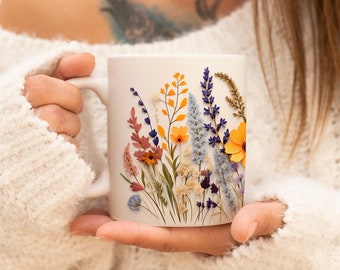 Pressed Flowers Mug, Boho Wildflowers Cottagecore Coffee Mug, Flower Garden Lover, Gift For Her, Botanical, Spring Floral Nature