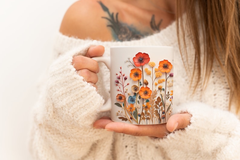 Pressed Flowers Mug, Boho Wildflowers Cottagecore Coffee Mug, Flower Garden Lover, Gift For Her, Botanical, Spring Floral Nature 11 Fluid ounces