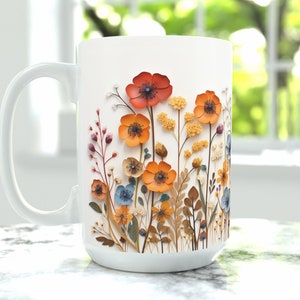 Pressed Flowers Mug, Boho Wildflowers Cottagecore Coffee Mug, Flower Garden Lover, Gift For Her, Botanical, Spring Floral Nature 15 Fluid ounces