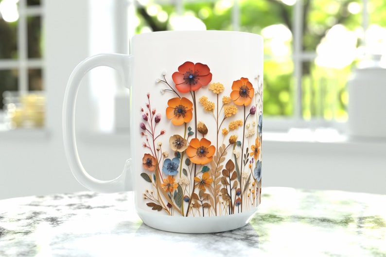 Pressed Flowers Mug, Boho Wildflowers Cottagecore Coffee Mug, Flower Garden Lover, Gift For Her, Botanical, Spring Floral Nature 15 Fluid ounces
