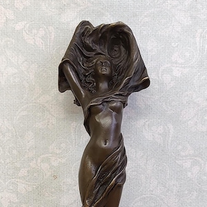 Art Deco Bronze Scarf Dancer Sculpture - Marble Base, Foundry Mark