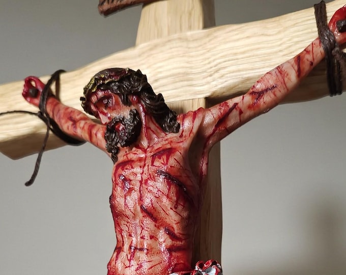 Realistic Crucifix The Passion of the Christ 19.7", 50 cm - Hand Carved Cross - Christ Wound For Meditation - Passion Crucifix Cross