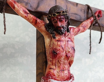 19.7" Passion Crucifix - Realistic Christ Wound, Ash Wood Cross and Cold Cast Resin Figurine Set