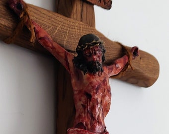 Crucifijo Realista Cristo Herido para Meditación - La Pasión de Cristo Cruz 19,7 pulgadas/50 cm - Crucifijo Tallado a Mano - Regalos Religiosos