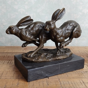 Bronze running hares sculpture - Two cottontail rabbits  or runninhg hares bronze figurine on marble base gift