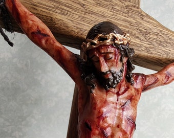 Realistic Crucifix Christ Wound for Meditation- The Passion of the Christ Cross 19.7 inches/50 cm - Hand Carved Crucifix - Religious Gifts
