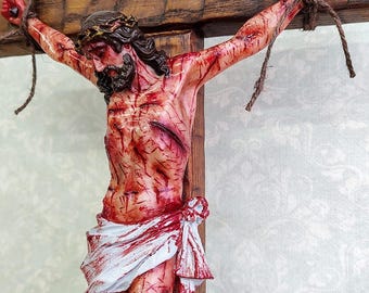 Handmade Passion Crucifix – Realistic Christ, Ash Wood Cross (19.7") Realistic Crucifix Praguebridge