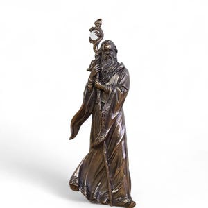 Merlin Statue Grand Wizard with Dragon Crystal Ball Staff Cast Resin and Bronze Statue 11.4 inches / 29 cm