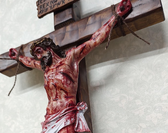 Handmade Passion Crucifix – Realistic Christ, Ash Wood Cross (19.7") Realistic Crucifix Praguebridge