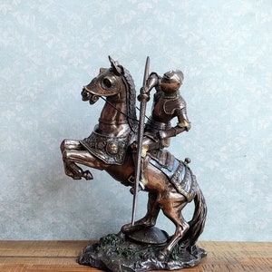 Medieval Knight with Lance Pointing Downwards Bronzed Figurine Knight on Horse with Lance Sculpture Rearing Horse Legendary Warrior