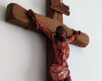 Crucifix réaliste, plaie du Christ pour la méditation - La Passion du Christ Croix 50 cm/19,7 po. - Crucifix sculpté à la main - Cadeaux religieux