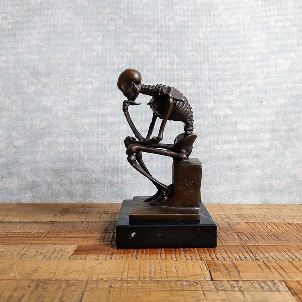 Statue squelette penseur, sculpture en bronze, cadavre ambulant, décoration d'intérieur vintage, sculpture signée, sculpture squelette humain d'après Rodin
