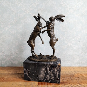 Two Boxing Hares Bronze Sculpture on Marble Base A Unique Gift Idea for Nature and Art Enthusiasts Boxing Rabbits Gifts
