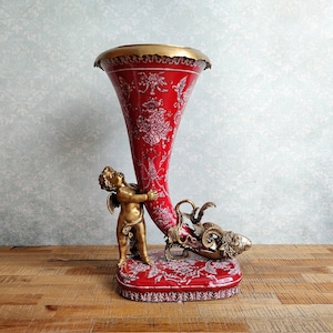 Porcelain and bronze vase cornucopia, luxury decor amazing gift Decorative vase goblet decorated with angel antique style 13 inches 34 cm