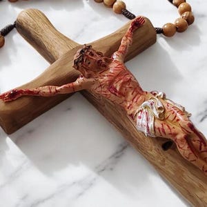 Handmade Olive Wood Rosary Necklace: Oak Crucifix, Christian Gift