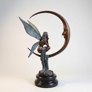Fairy on Crescent Moon Figurine – Fantasy Pixie Statue, Art Nouveau Bronze Sculpture, Mystical Decor, Enchanted Gift, Elegant Decor