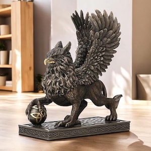 Bronze Finish Griffin Statue: Winged Lion Sculpture, Handmade Home Decor