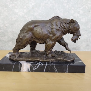 Bronze Grizzly Bear Sculpture on Marble: Vintage Wildlife Figurine