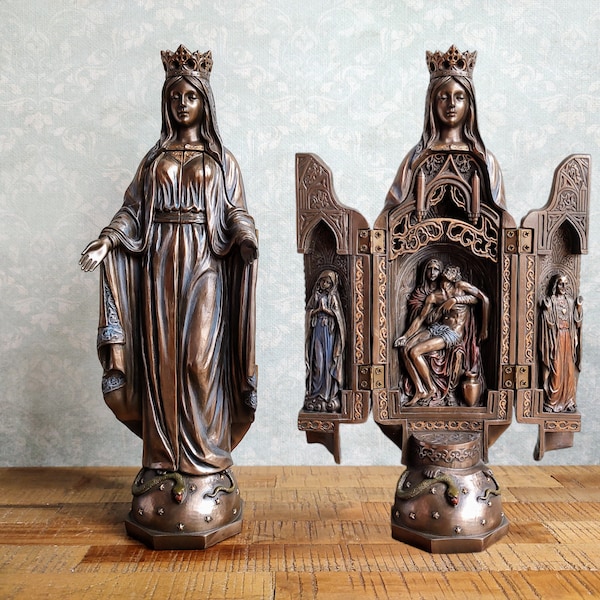 Trittico della Madonna, altare domestico: Polystone rivestito in bronzo, dono religioso cattolico
