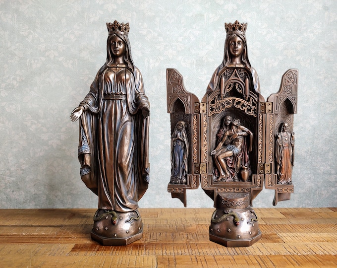 Madonna Triptych Home Altar: Bronze-Coated Polystone, Catholic Religious Gift