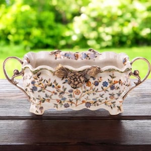 Porcelain Floral Bowl with Bronze Handles - Elegant Home Decor - Vintage Porcelain Bowl with Roses