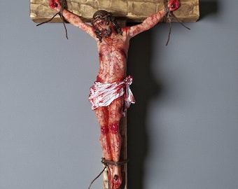 Passion Crucifix - Realistic Christ Wound, Ash Wood Cross and Cold Cast Resin Figurine Set