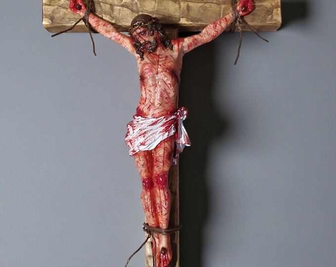 Passion Crucifix - Realistic Christ Wound, Ash Wood Cross and Cold Cast Resin Figurine Set