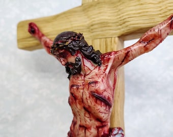 Realistic Crucifix The Passion of the Christ 19.7 in - Hand Carved Cross - Christ Wound For Meditation - Passion Crucifix