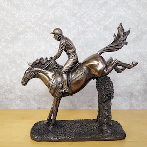 Bronze Finish Horse Racing Sculpture: Jockey on Horse Figurine