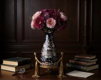 Zwarte porseleinen vaas met bronzen nimfen - art nouveau bloempot, elegant huisdecor, idee huwelijkscadeau