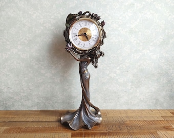 French Art Nouveau Style Table Clock - Woman with Water Lilies - Desk Clock Sculpture