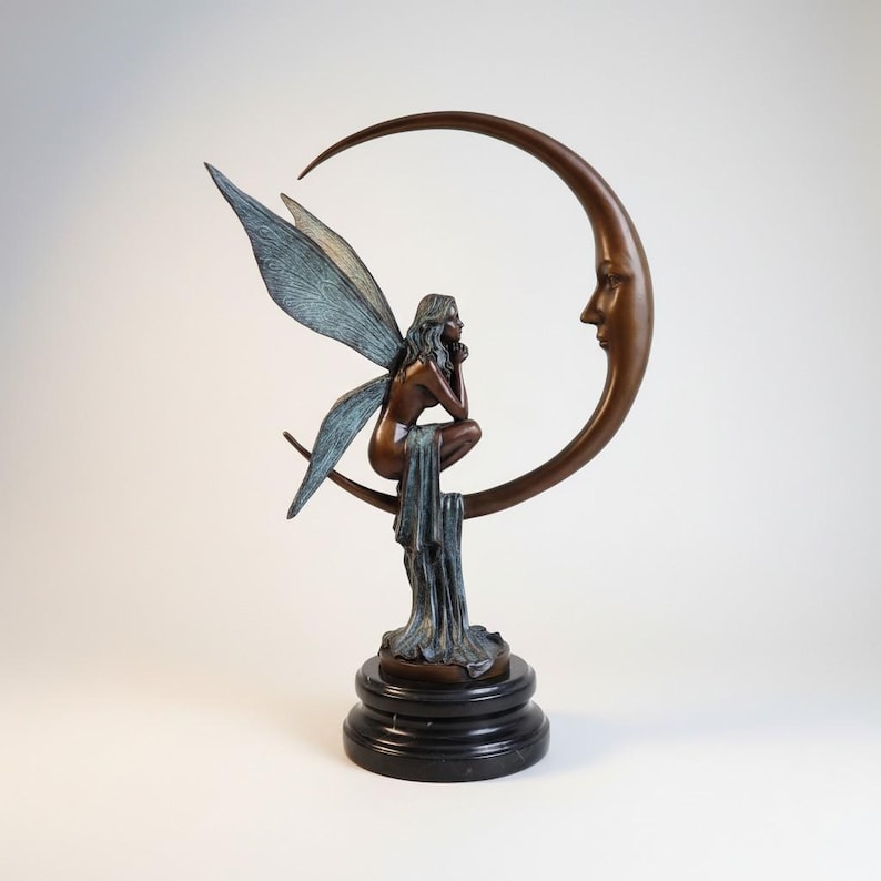 Fairy on Crescent Moon Figurine – Fantasy Pixie Statue, Art Nouveau ...