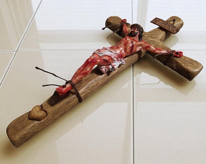 The Passion of the Christ 19.7" Realistic Crucifix – Hand-Carved Wooden Cross with 3D Heart – Wounded Christ Sculpture
