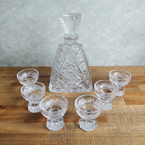 Vintage Art Deco Crystal Glass Liqueur Decanter and Glasses Set Bohemian Glass Decanter Set Czech Decanter Set  Antique Crystal Decanter Set