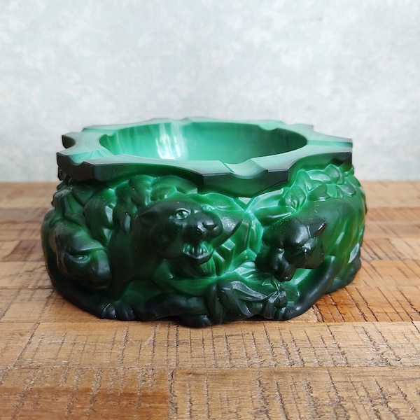 Bohemian Czech Art Deco Malachite Jade Art Glass Ashtray with Tigers by Schlevogt - Ingrid line