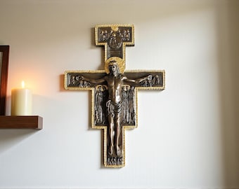 San Damiano Crucifix Wall Cross - Cold Cast Resin, Bronze & Gold Finish, Hand Painted Christian Home Decor, 10" Religious Gift