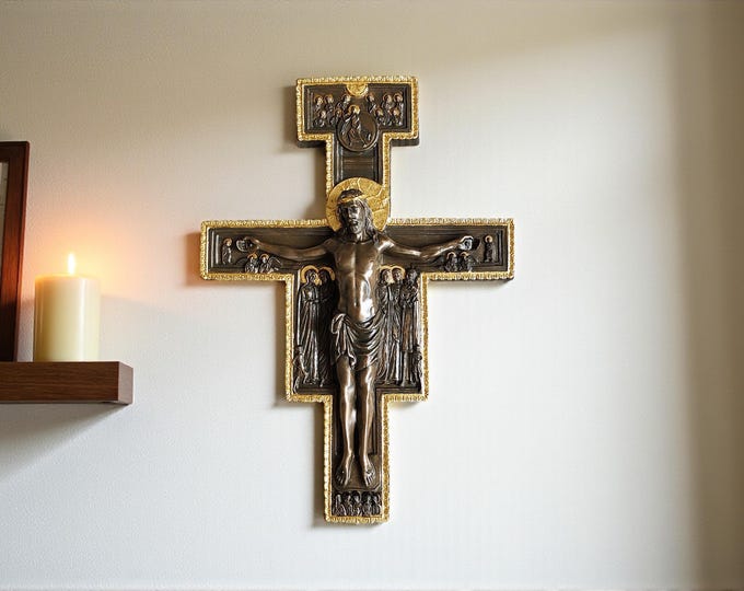 San Damiano Crucifix Wall Cross - Cold Cast Resin, Bronze & Gold Finish, Hand Painted Christian Home Decor, 10" Religious Gift