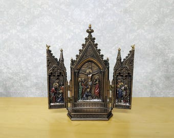 Calvary Crucifixion Triptych - Home Altar Decor - Jesus Christ Nailed to Cross Foldable Church Showpiece Gift - Catholic Gift