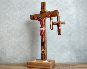 Wall or Table Crucifix and Rosary Crucifix on stand Religious Gift WOODEN CROSS with Jesus Passion Crucifix Rosary Custom Engraved Plaque