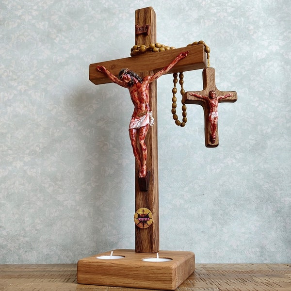 Wall or Table Crucifix and Rosary Crucifix on stand Religious Gift WOODEN CROSS with Jesus Passion Crucifix Rosary Custom Engraved Plaque