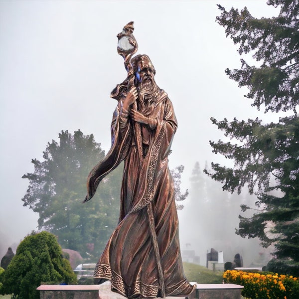 Merlin Statue Großzauberer mit Drachen Kristallkugel Stab Gießharz und Bronze Statue 29 cm