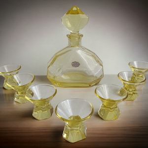 Streit Stolz Hosena Yellow Glass Art Deco Decanter and Six Cordials 1930s Pressed Glass, Labelled Liquour Set Art Glass Czech Bohemian Glass